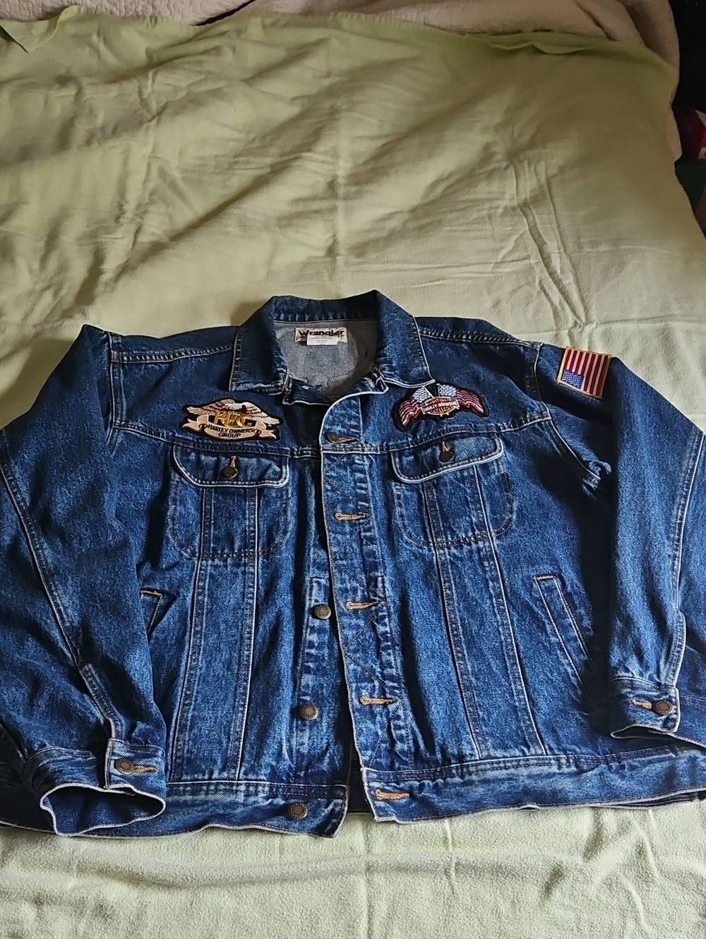 Classic Wrangler Denim Jacket with Harley & American Flag Patch Detailing